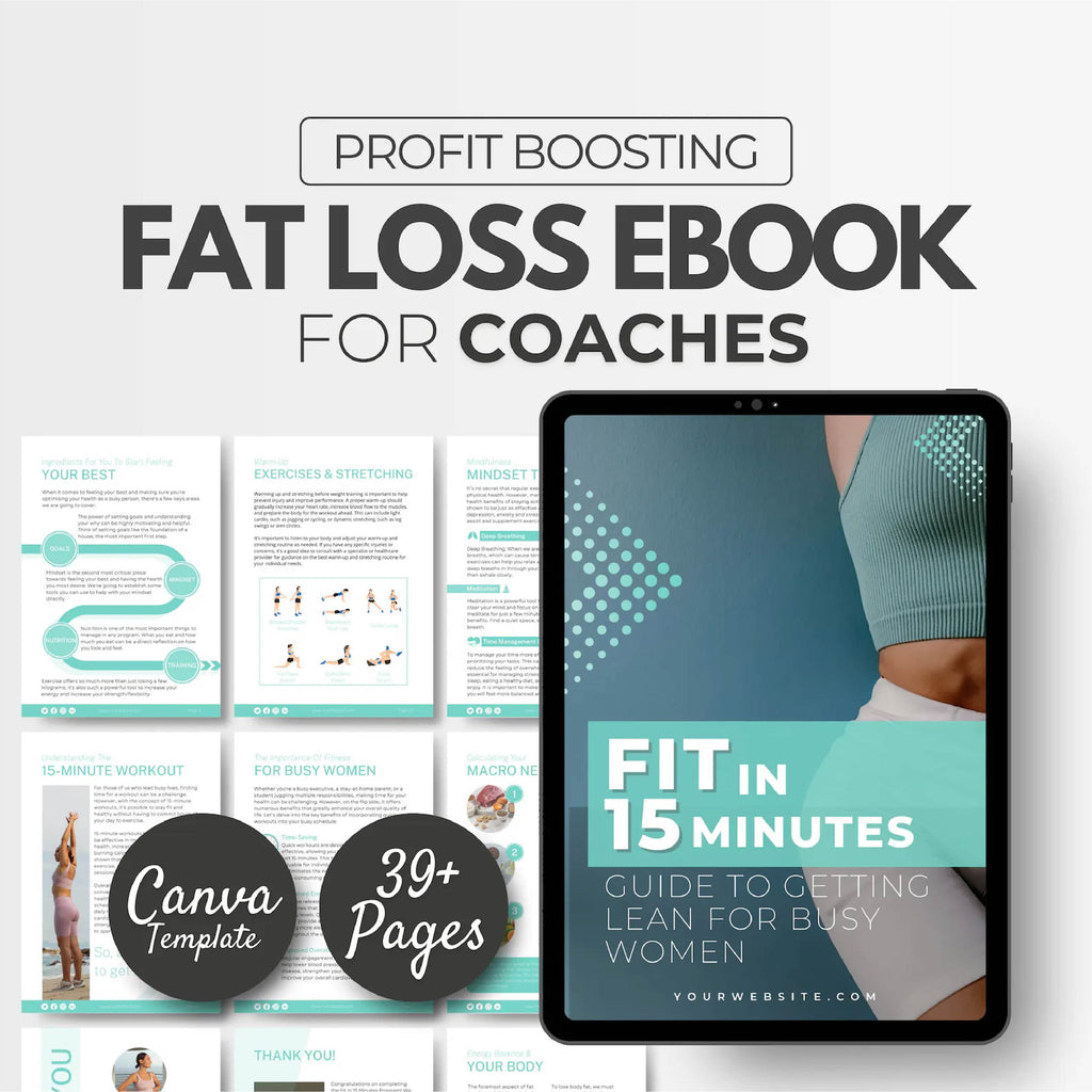 Fit in 15 Minutes – 4 Week Fitness eBook Template for Busy Women | Weight Loss Program, Workout & Nutrition Guide | Editable Canva Coaching Resource