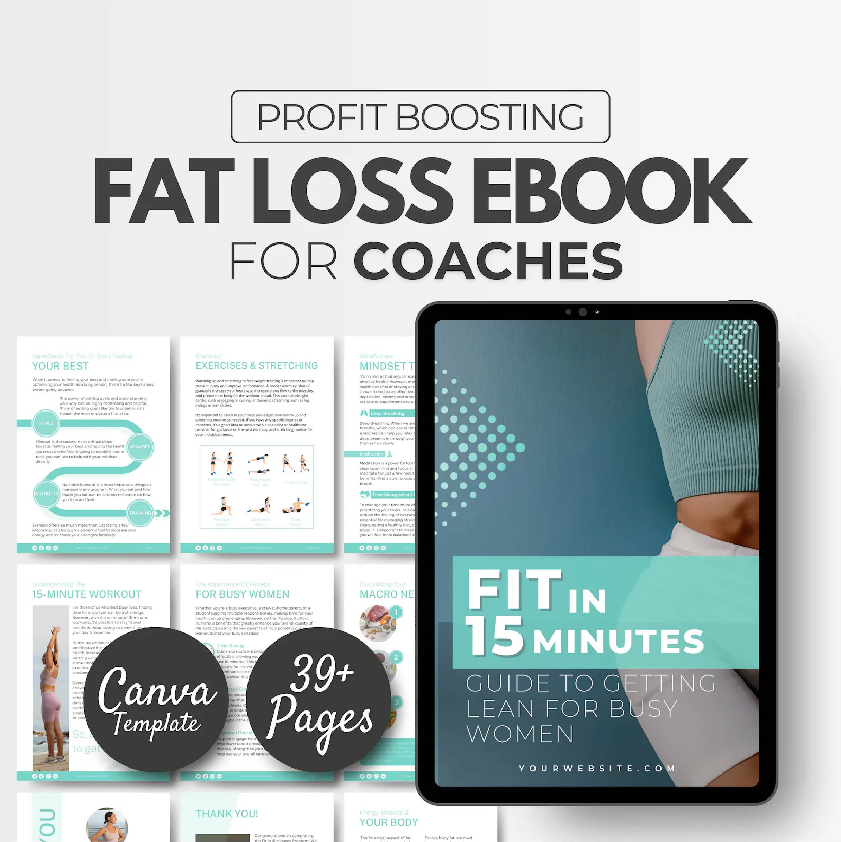 Fit in 15 Minutes – 4 Week Fitness eBook Template for Busy Women | Weight Loss Program, Workout & Nutrition Guide | Editable Canva Coaching Resource