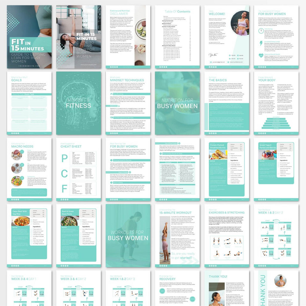 Fit in 15 Minutes – 4 Week Fitness eBook Template for Busy Women | Weight Loss Program, Workout & Nutrition Guide | Editable Canva Coaching Resource
