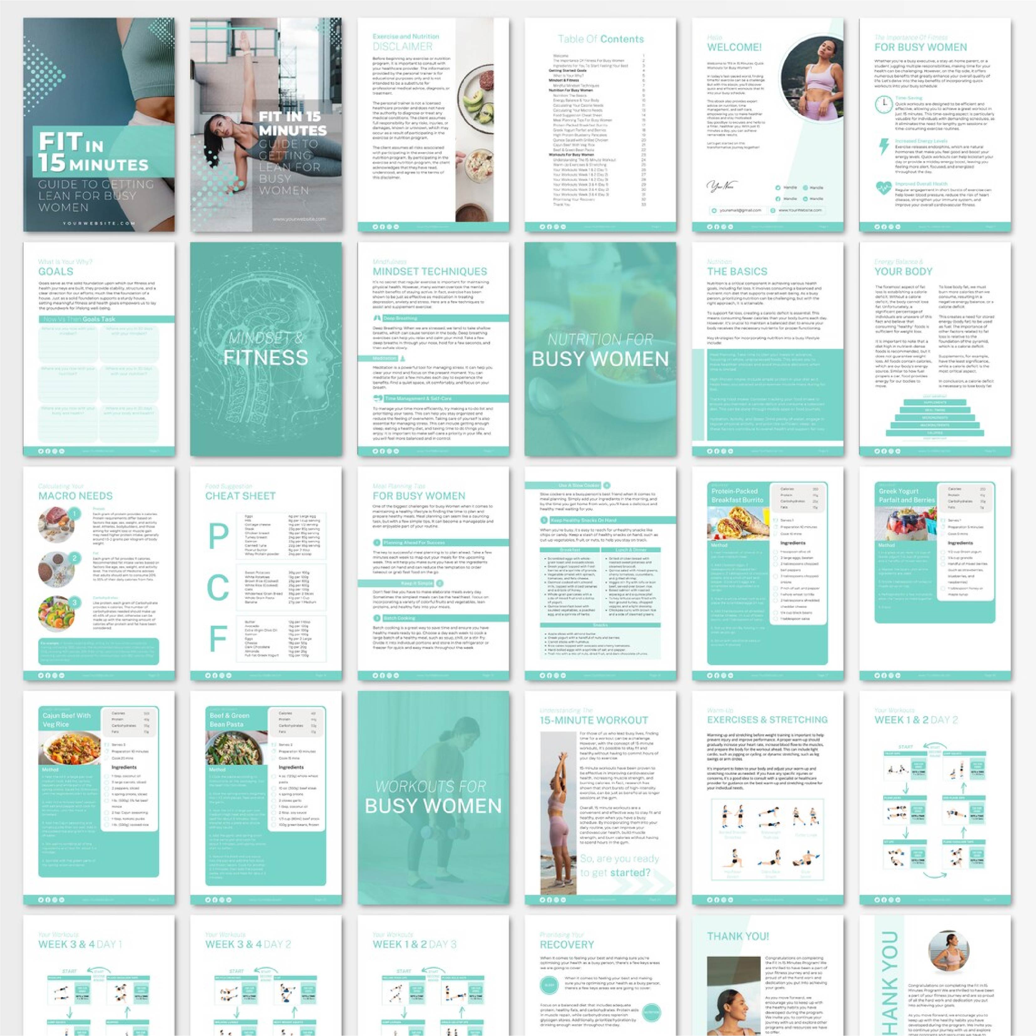 Fit in 15 Minutes – 4 Week Fitness eBook Template for Busy Women | Weight Loss Program, Workout & Nutrition Guide | Editable Canva Coaching Resource