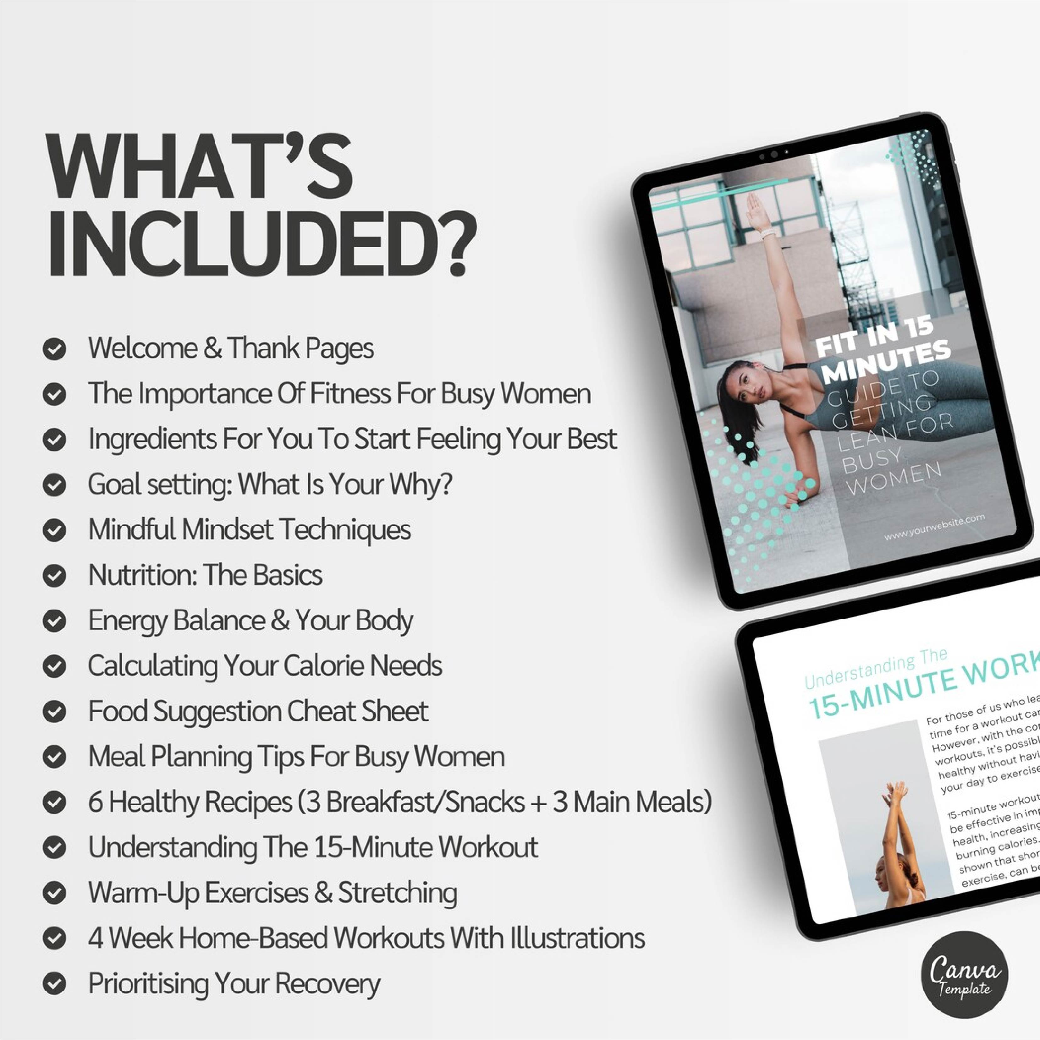 Fit in 15 Minutes – 4 Week Fitness eBook Template for Busy Women | Weight Loss Program, Workout & Nutrition Guide | Editable Canva Coaching Resource