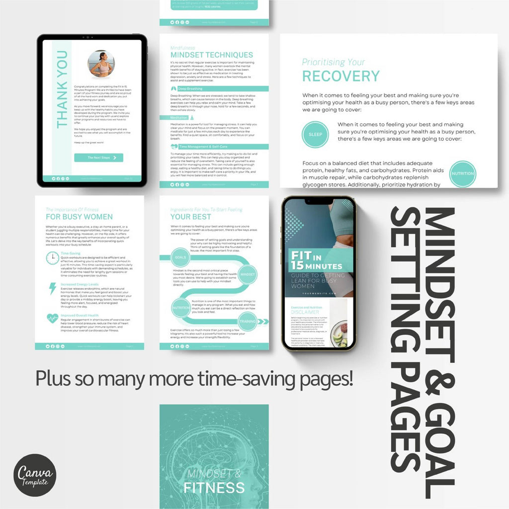 Fit in 15 Minutes – 4 Week Fitness eBook Template for Busy Women | Weight Loss Program, Workout & Nutrition Guide | Editable Canva Coaching Resource
