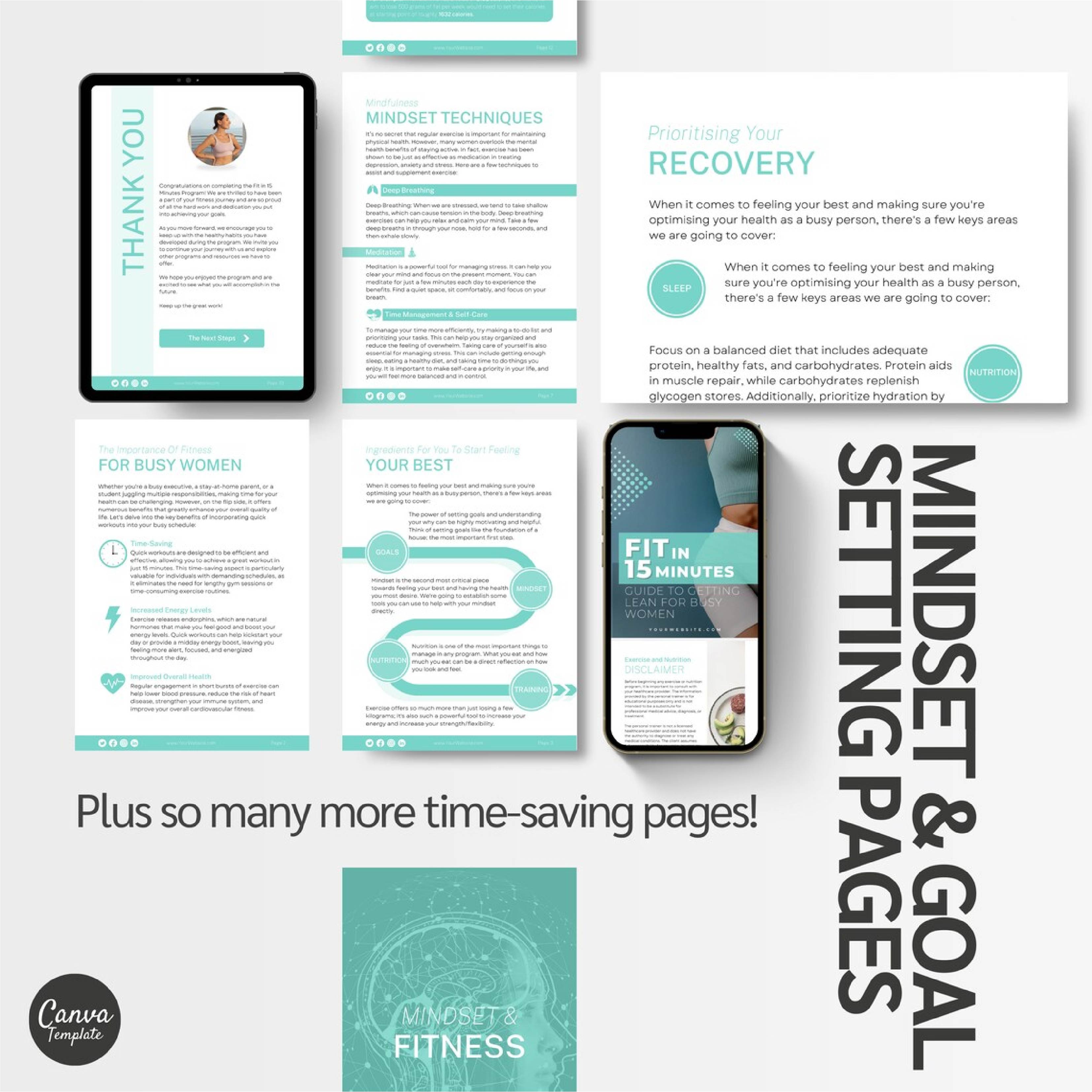 Fit in 15 Minutes – 4 Week Fitness eBook Template for Busy Women | Weight Loss Program, Workout & Nutrition Guide | Editable Canva Coaching Resource