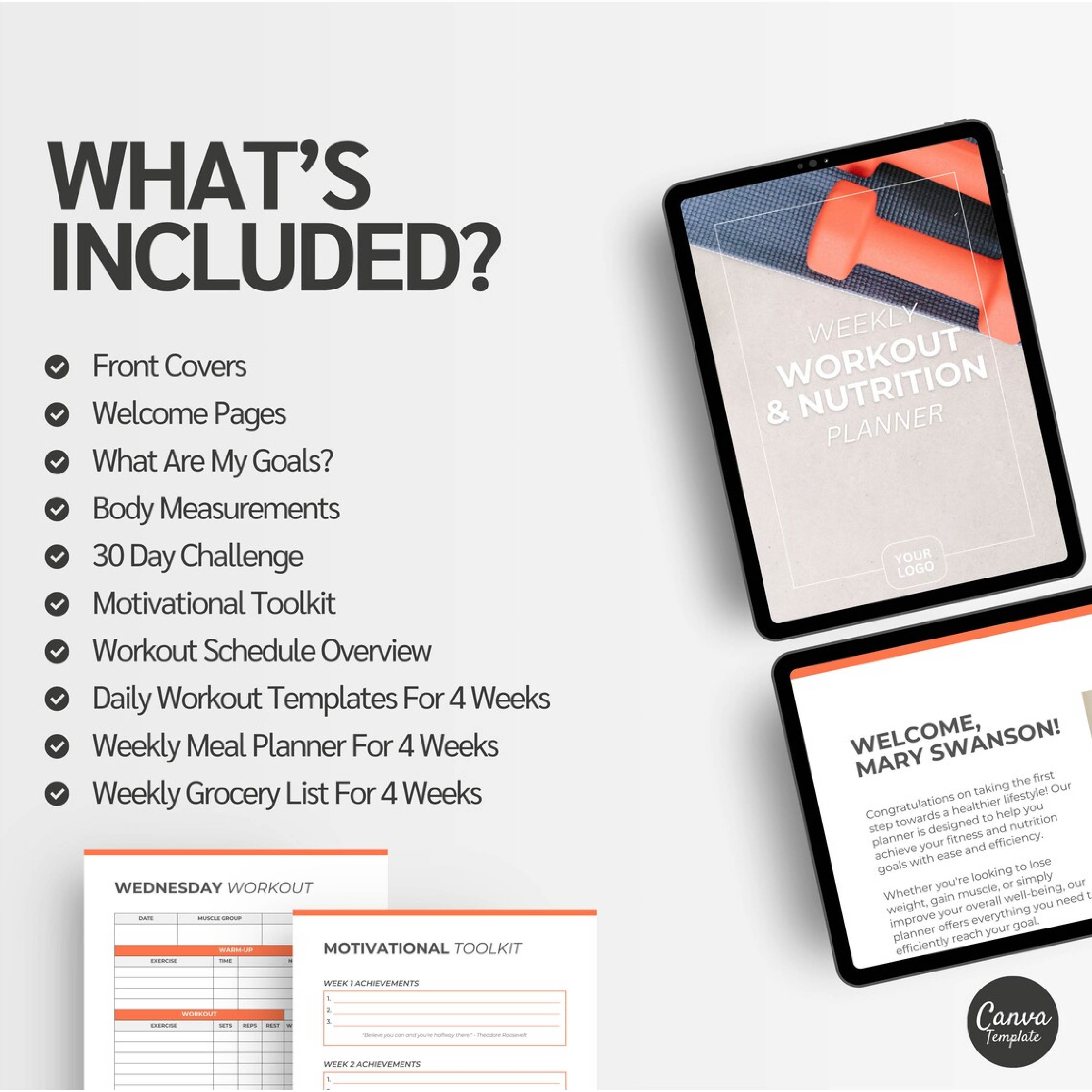 Ultimate Workout &amp; Nutrition Planner (Editable Canva Template)