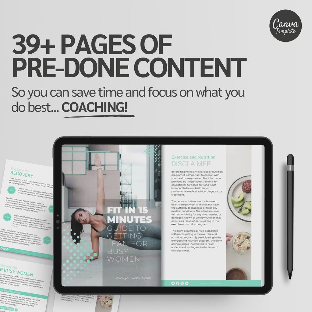 Fit in 15 Minutes – 4 Week Fitness eBook Template for Busy Women | Weight Loss Program, Workout & Nutrition Guide | Editable Canva Coaching Resource